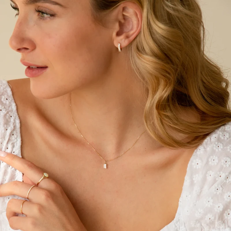 White Korean Baguette Necklace - 9k Solid Gold 5