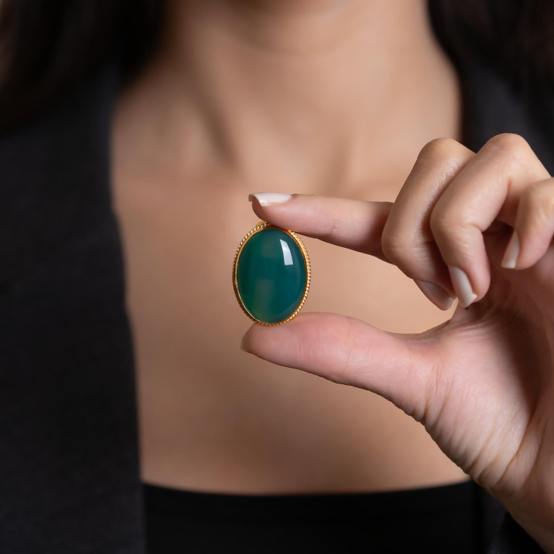 9K Gold Handcrafted Large Pendant with Green Agate Stone 2