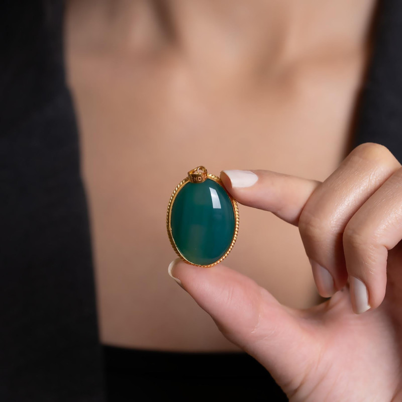 9K Gold Handcrafted Large Pendant with Green Agate Stone 5